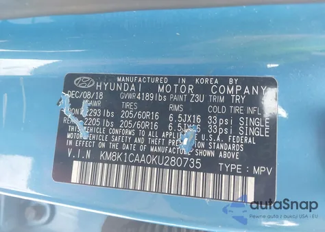 2019 Hyundai Kona Se z USA, uszkodzony, nr VIN KM8K1CAA0KU280735